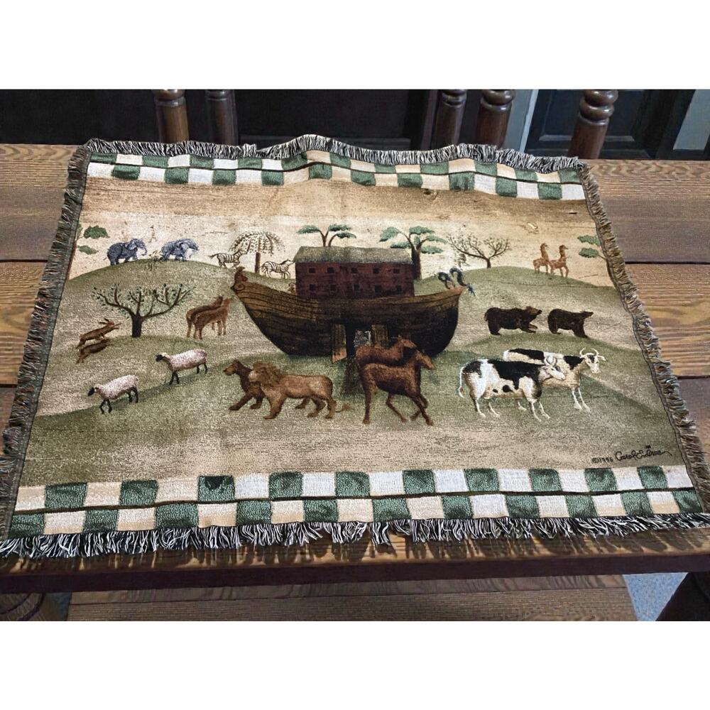 Vntge Carol Endres Noah’s Ark 1996 afghan checkered boarder tapestry throw 45X65